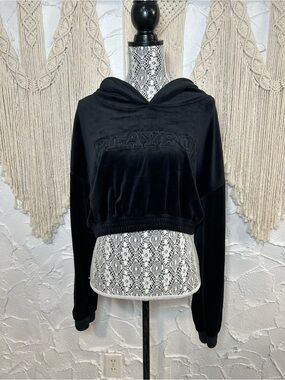 Playboy Black Velour Cropped Hoodie | Embossed Logo Pullover Sweatshirt Y2K Sz L